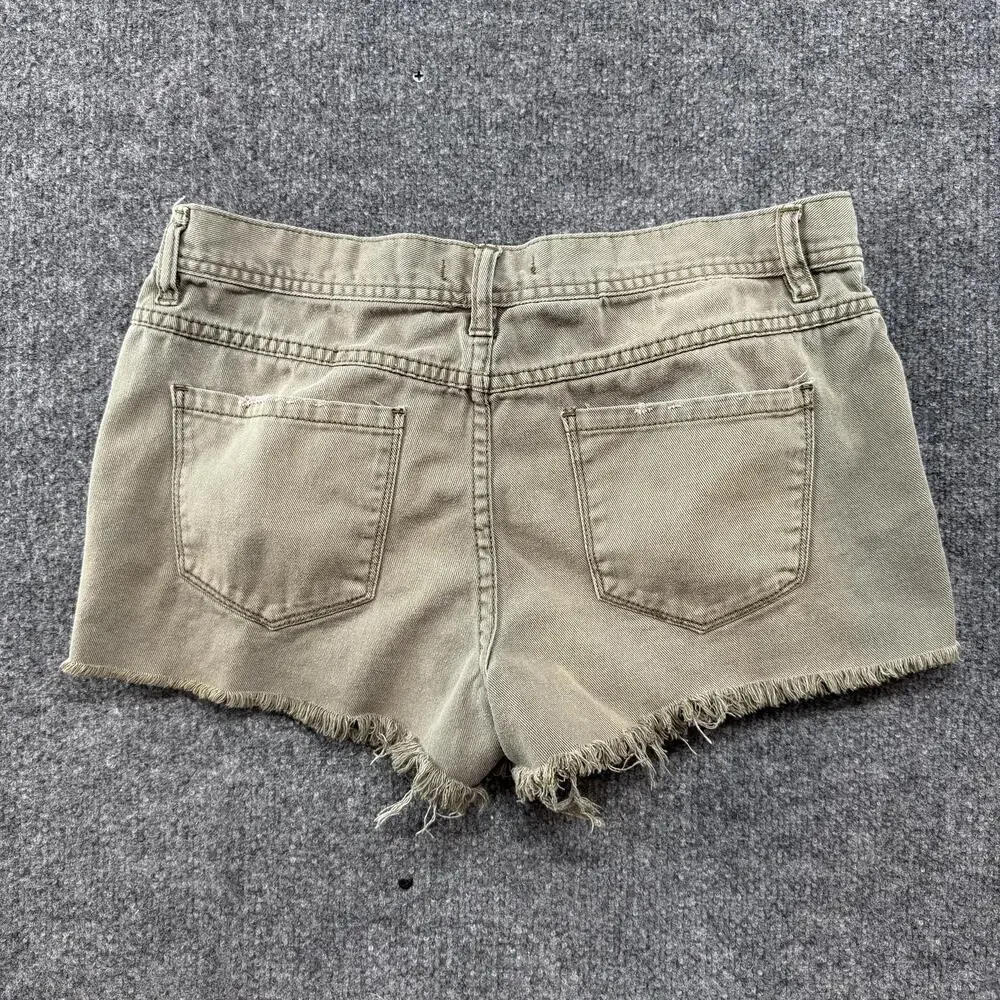 Free People Shorts Womens 29 Beige Green Denim Cutoff Fringe Raw Hem 100% Cotton